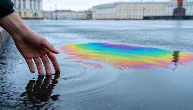 Hand Grazing Rainbow Oil Slick Puddle on Urban Waterfront with Ripples and Reflection