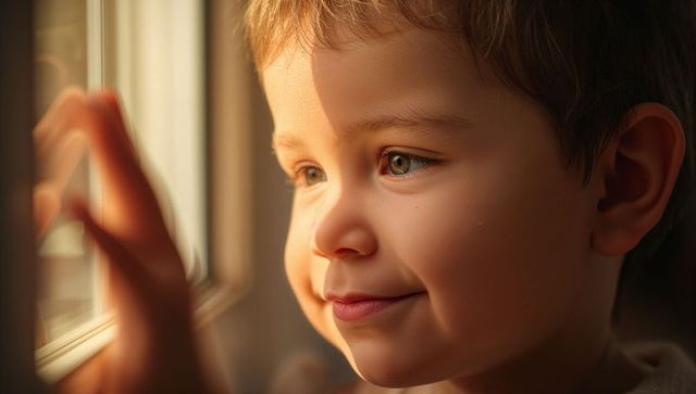 Sunlit boy gazing and touching window glass, warm close-up portrait of childhood wonder