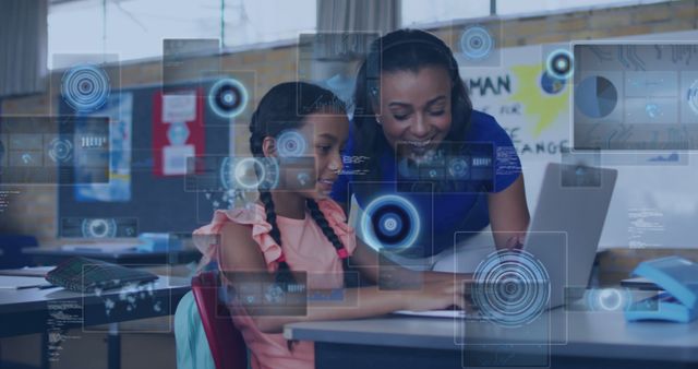 Female teacher helps student navigate digital learning tools and augmented reality in a classroom. Valuable for content related to education technology, modern teaching methods, interactive learning experiences and school environments.