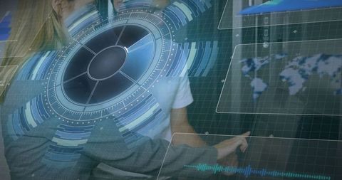 Digital engineers analyzing data with advanced technology graphics