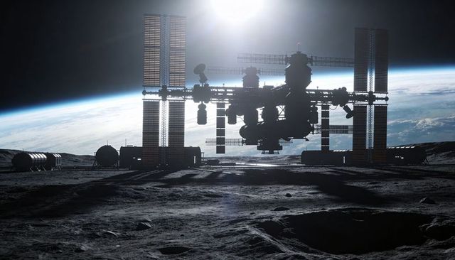 Hovering Modular Lunar Station Casting Shadows Across Regolith with Backlit Earth Horizon