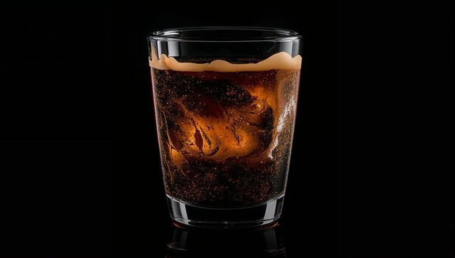 Amber-swirled cola in clear tumbler with tan foam, glossy reflections on black backdrop