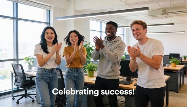 Team celebrating major milestone in modern office clapping, smiling, showing team spirit