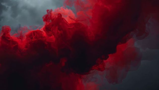 Swirling Crimson Smoke Plume Around Dark Core with Gray-Blue Mist, Dramatic Abstract