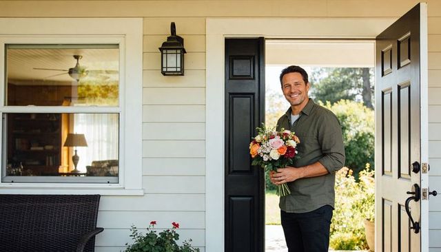 Man delivering bouquet at front door smiling on sunny porch with garden view