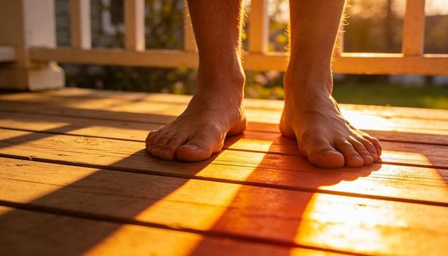 Bare feet standing on sunlit wooden porch deck during golden hour casting warm shadows