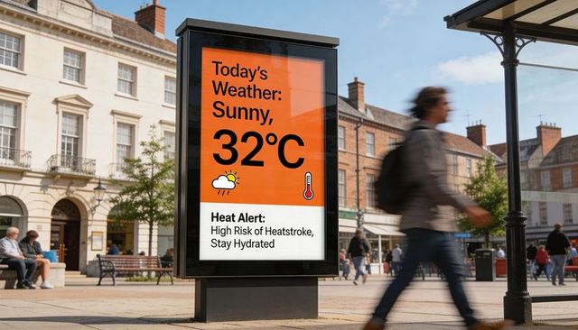 Urban digital weather display showing 32°c heat alert in sunny town square