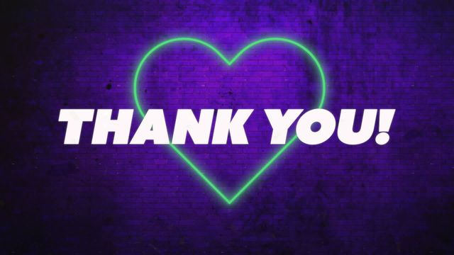 This vibrant image features the bold text 'THANK YOU!' overlaying a neon green heart outline set against a striking purple background, conveying a lively expression of gratitude. It is ideal for use in social media posts, thank you cards, digital messages, and presentations to convey appreciation energetically and colorfully.