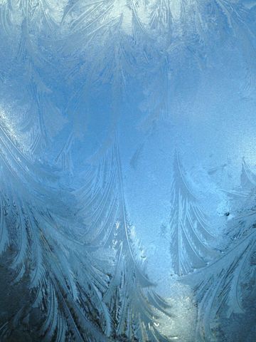 Delicate frost patterns on window glass creating feathery ice texture in icy blue light