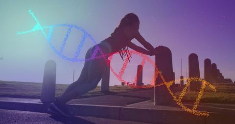 Outdoors Fitness with DNA Strand Overlay for Health Concept