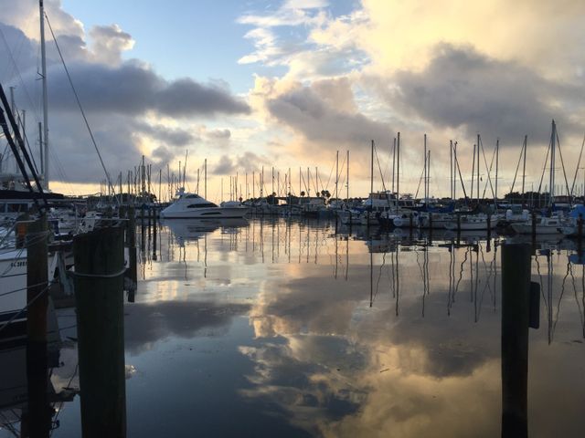 Calm marina scene at sunset with various sailboats and yachts docked. Reflection of clouds visible on the water surface, creating a peaceful and serene atmosphere. Perfect for travel websites, nautical themes, evening tranquility representations, and harbor related content.