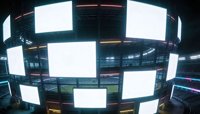 Glowing cylindrical multirow led display ring dominating stadium bowl at night