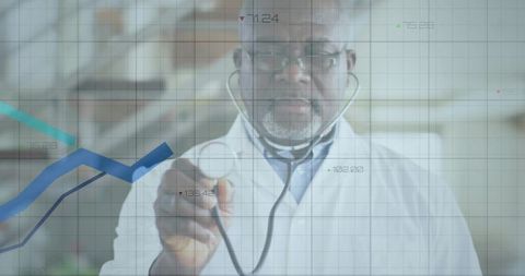 Senior physician using stethoscope against transparent medical data overlay with charts