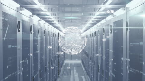 Futuristic Data Processing in Modern Server Room with Digital Globe