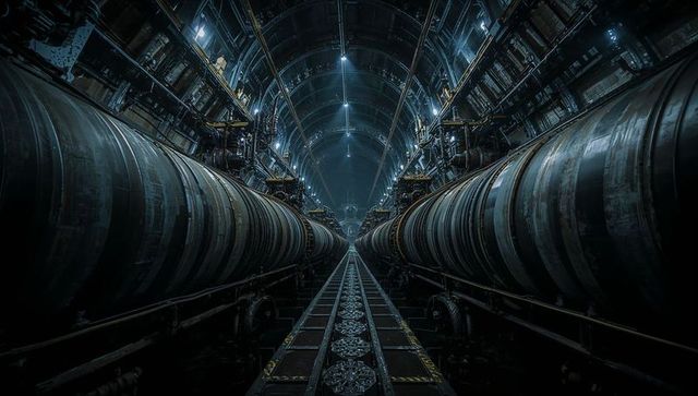Symmetrical underground industrial tunnel with twin cylindrical tanks and grated catwalk