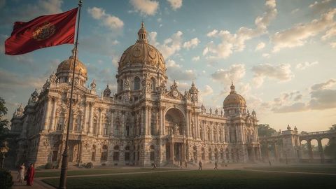 Majestic british empire palace with iconic gold domes and sculpted facade