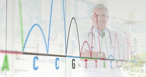 Physician presenting genomic data on glass panel with nucleotide sequence chart overlay