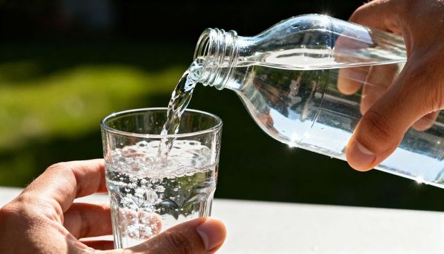 Pouring refreshing water into glass outdoors with sunlit bottle, bubbles and garden patio
