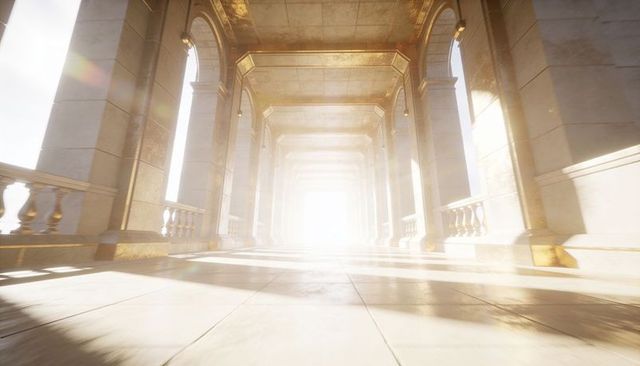 Sunlit neoclassical colonnade leading toward radiant light with golden accents