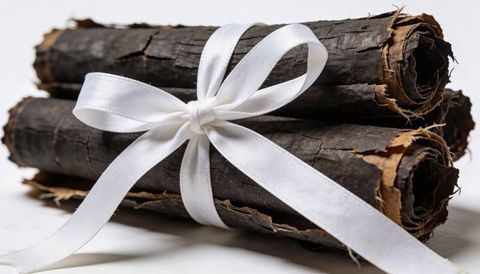 Rustic rolled bark bundle with white satin bow for natural decor and gift presentation