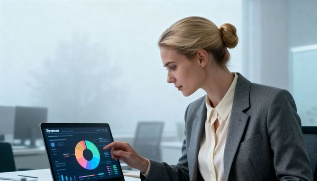 Executive analyzing revenue dashboard on laptop while pointing at colorful donut chart