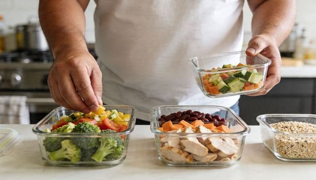 Man preparing healthy meal-prep glass containers with chicken, vegetables and whole grains