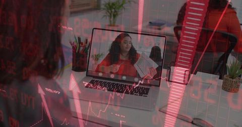 Woman Presenting Online with Financial Chart Overlay