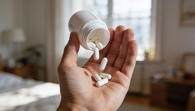 Pouring white capsule pills into palm during morning routine in sunlit cozy bedroom