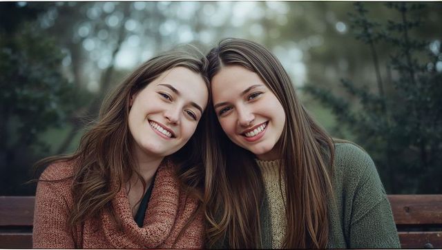 Smiling young women leaning heads together on wooden bench in park wearing knit sweaters