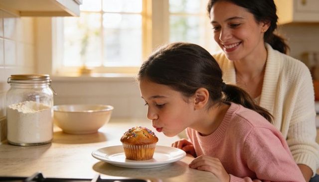 Mother Watching Daughter Blowing Sprinkles Off Muffin in Sunlit Cozy Kitchen Morning