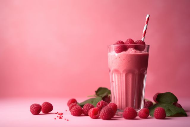 Raspberry smoothie and raspberries on pink background, created using generative ai technology. Fruit smoothie, food and drink, healthy eating concept digitally generated image.