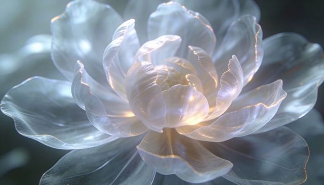 Luminous translucent blossom with pearlescent petals and glowing core, macro