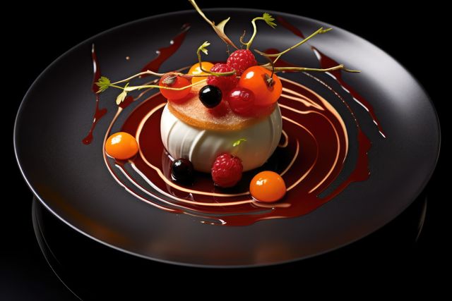 This elegant panna cotta dessert is beautifully decorated with berries and fruit garnish on a dark, sophisticated plate. Perfect for use in culinary blogs, gourmet websites, restaurant menus, and luxury dining promotional materials. Highlights the artistry and attention to detail in fine dining presentations.