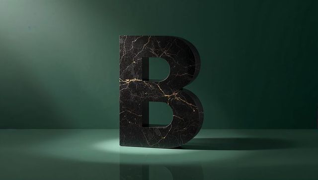3d marbled letter b sculpture with gold veins on reflective surface