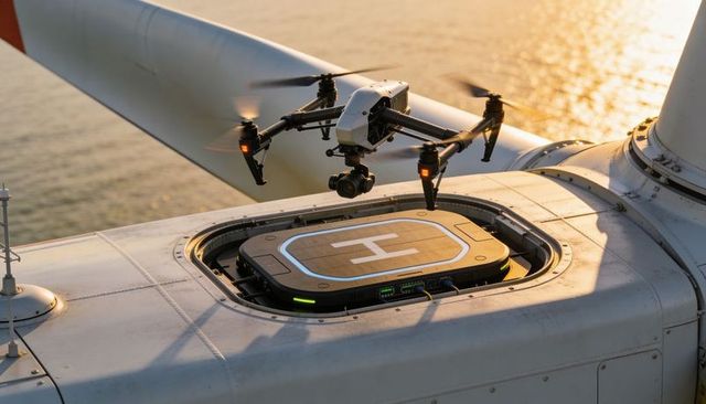 Hovering inspection drone over offshore wind turbine helipad during golden hour seascape