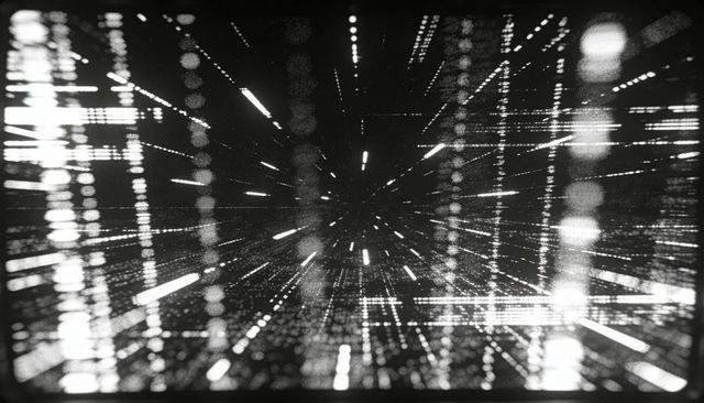 Monochrome digital matrix tunnel with radial light streaks and bokeh grid depth