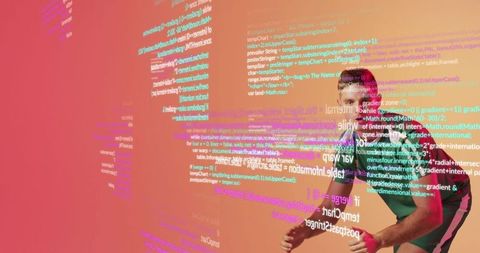 Man with vr headset interacting with digital code in virtual studio