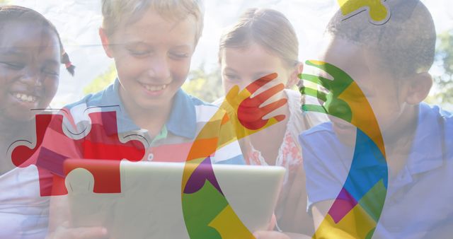 Group of children gathered around tablet outdoors with autism awareness symbols overlay. Ideal for educational content, autism support initiatives, inclusive learning campaigns.