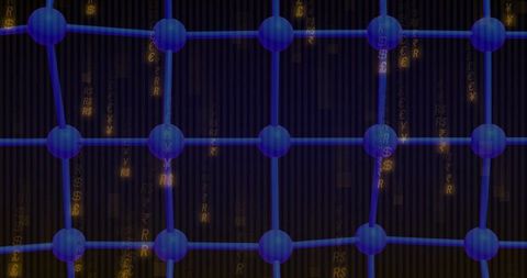 Futuristic digital network with blue nodes & financial symbols