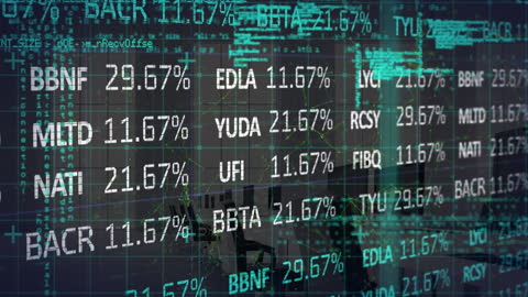 Financial Data Animation Displayed Over Urban Skyscrapers
