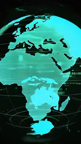 Teal Globe Rotating with Grid Lines and Coordinate Rings, Futuristic Vertical Data Visualization