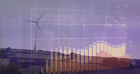 Wind turbine overlaying transparent 3D energy bar chart at dusk, rural renewables analytics