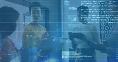 Business Team Analyzing Digital Interface with Financial Data Overlay