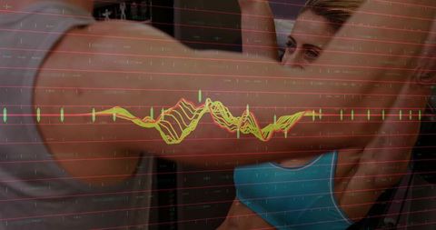 Spotting Partner Lifting Overhead While Female Athlete Training with Digital Waveform Overlay
