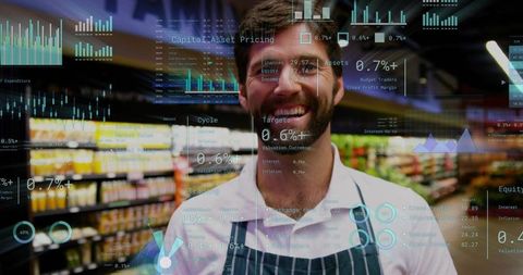 Smiling grocery worker posing with futuristic HUD analytics overlay in modern retail aisle