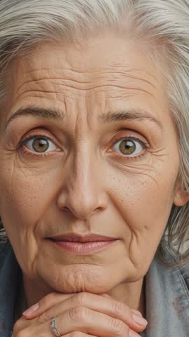 Vertical video showing senior woman expressing subtle micro-expressions and introspective calm