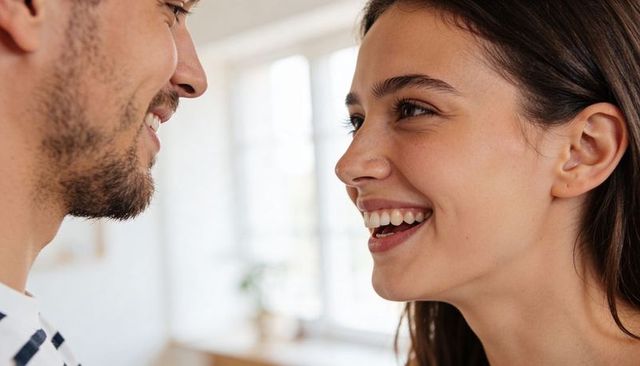 Young couple sharing intimate laugh and close gaze in sunlit cozy home interior