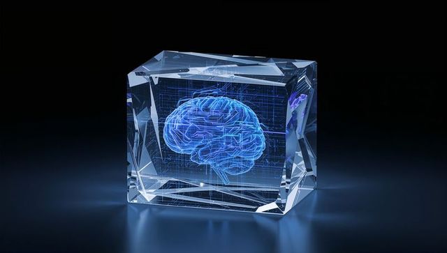 Faceted crystal prism with glowing holographic brain and circuit grid, neon ai concept