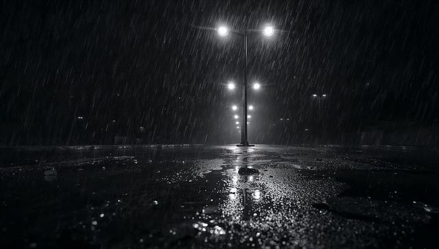 Moody Nightscape with Street Lamp in Rain