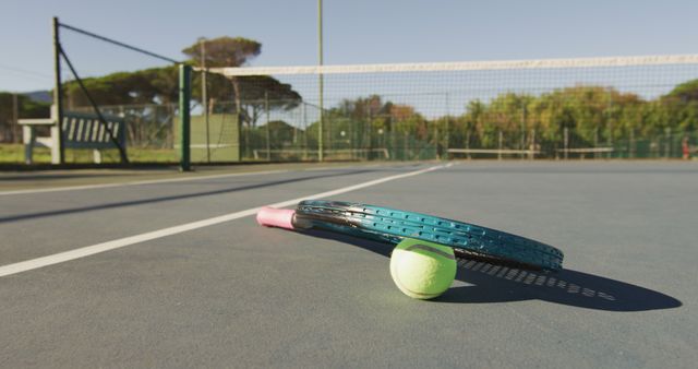 Tennis racket lying next to tennis ball on outdoor court. Suitable for sports, recreation, fitness, summer sports, and exercise. Ideal for ads promoting sporting events, tennis equipment, active lifestyles, and outdoor activities.